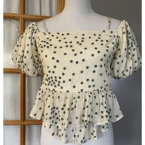 Francesca's Mi Ami Crop Top Women M Ivory Black Dots Balloon Sleeve Modern City
